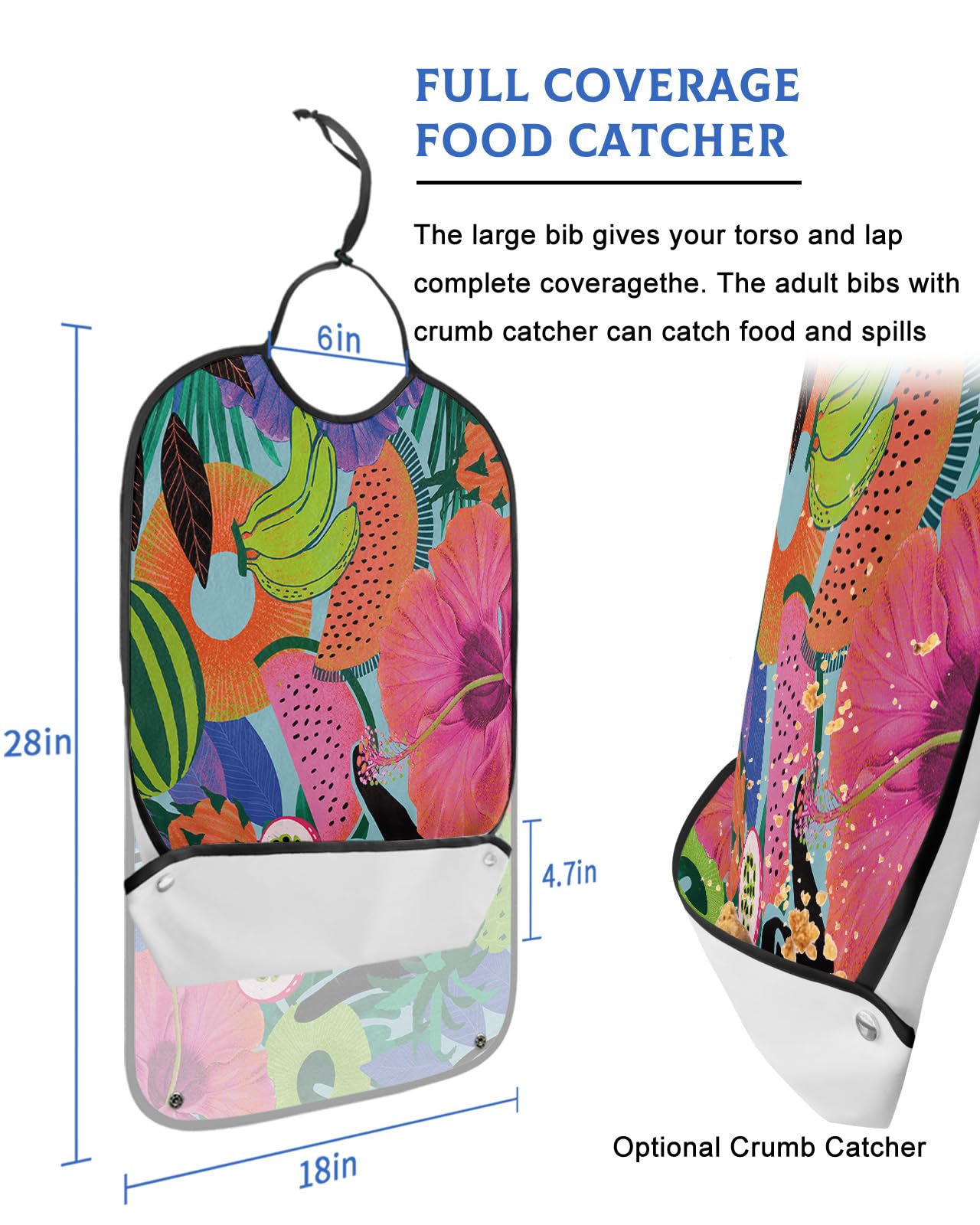 Flower Fruits Adult Bib for Eating with Crumb Catcher,Washable & Waterproof Terry Cloth Adjustable Elderly Women Men Adult Bibs Funny Clothing Protector Colorful Summer Leaves Funny Black Gesture
