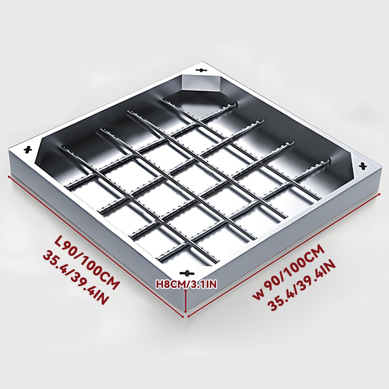 Couvercle de Regard de Visite en Acier Inoxydable avec Base, Couvercle de Fosse septique, Barres d'acier Double Couche 100x100cm pour allée et béton (Hauteur 8cm)
