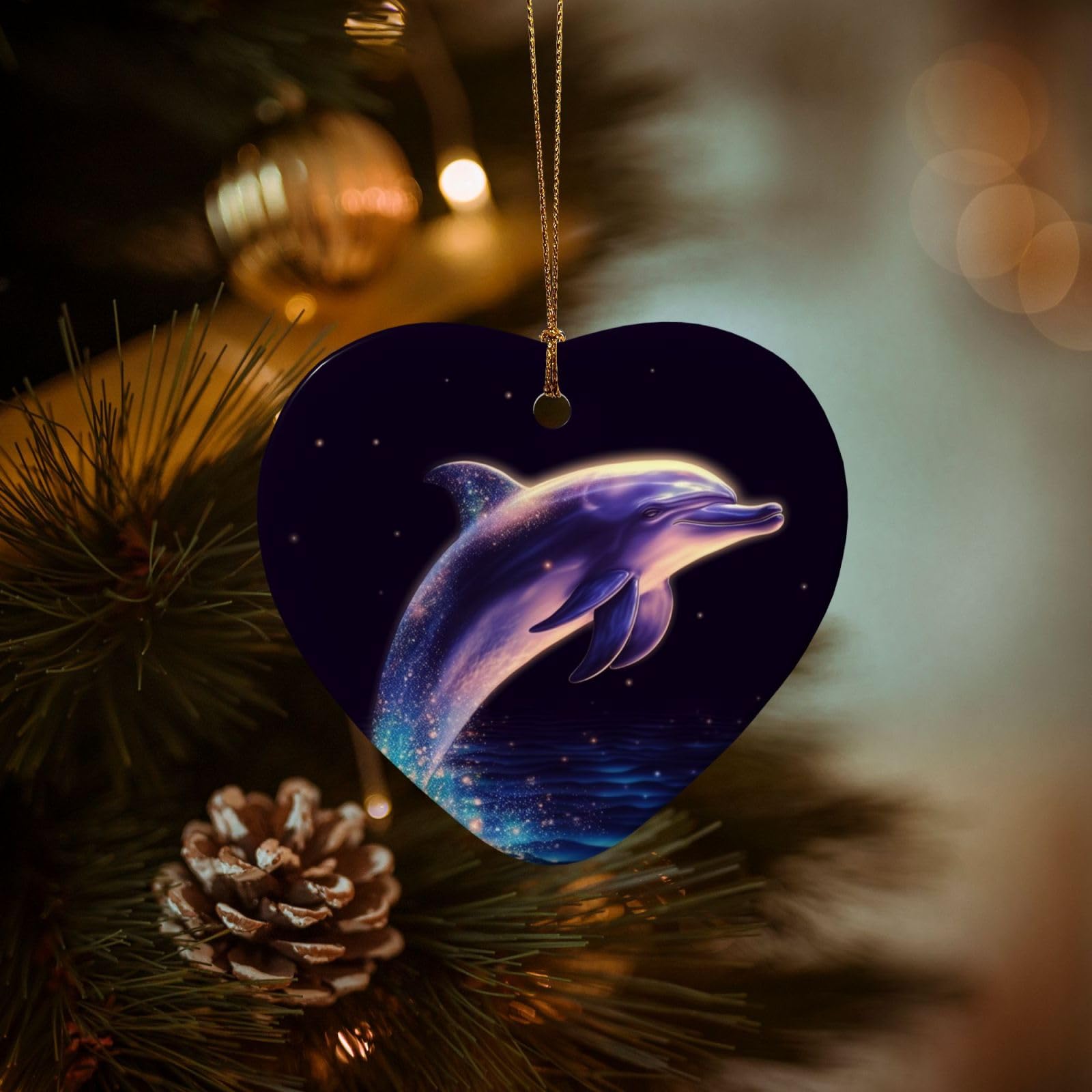 Christmas Ornaments for Christmas Tree Decoration Hanging Glitter Dolphin Ornament with Gold Ribbon Crafts Heart Shape Ceramic Pendant for Keepsake Gifts Xmas Decor Party Supplies