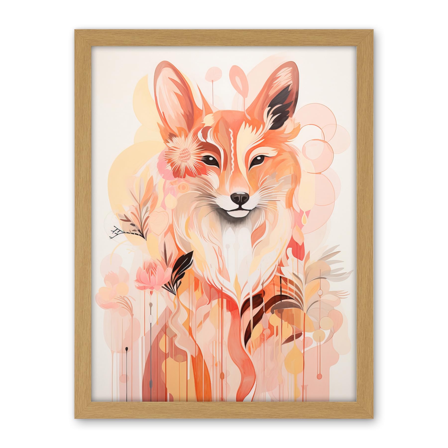 Artery8 Floral Fox Spirit Animal Boho Calm Pastel Colour Artwork Orange Pink Abstract Woodland Creature Flowers Artwork Framed Wall Art Print 18X24 Inch