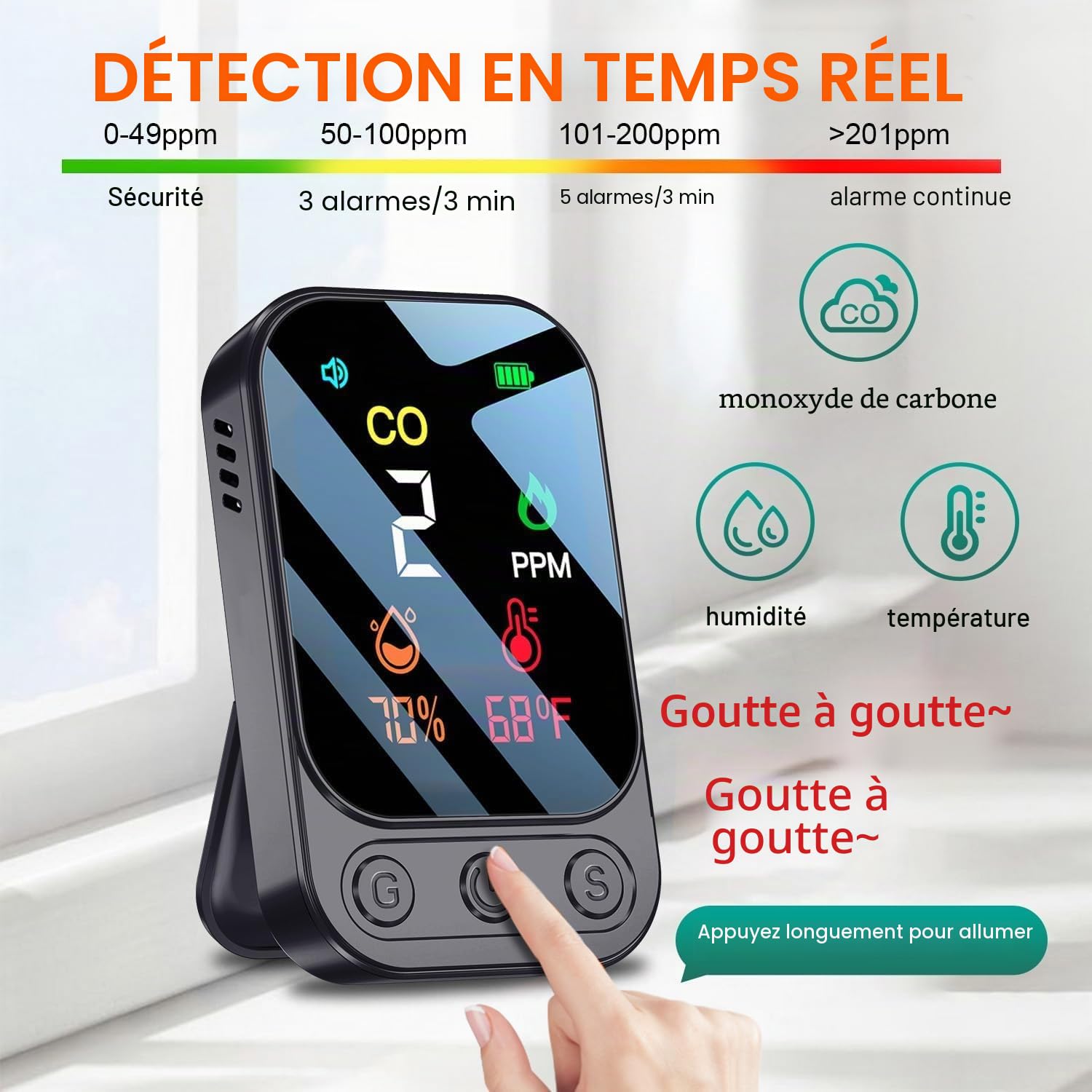 Détecteur de Monoxyde de Carbone Portable pour Voyage Camping Voiture, Alarme de CO Portatif, Mesureur de Monoxyde de Carbone avec Batterie Rechargeable Intégrée, Gris Foncé, HD09