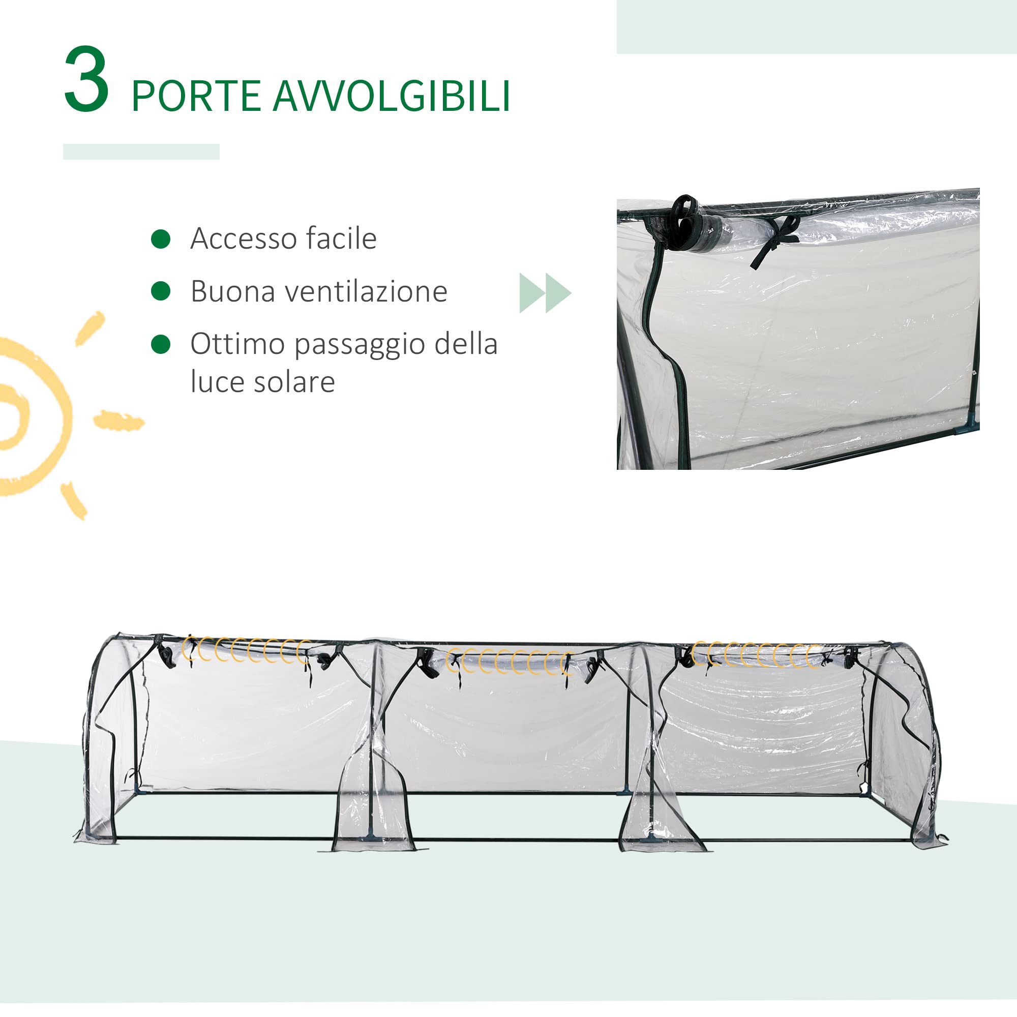 Outsunny Serra da Giardino a Tunnel con 3 Porte Avvolgibili in Acciaio e PVC Trasparente 350 x 100 x 80 cm