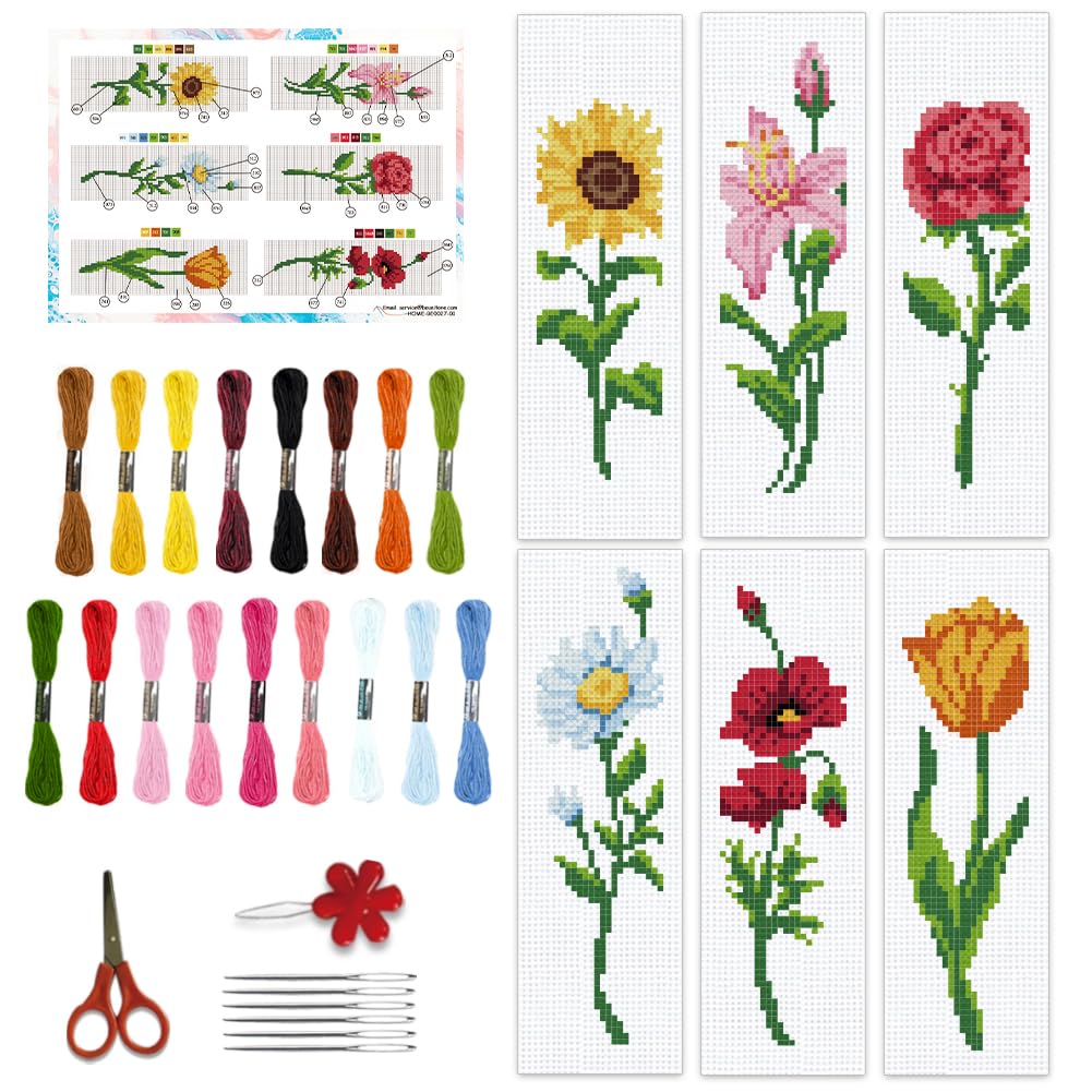 BEUNITONE 6 Pcs Flower Bookmark Cross Stitch Kits DIY Stamped Embroidery Bookmark Kit for Adults Beginner with Instructions Vivid Floral Cross Stitch Kits for DIY Crafts Book Lovers Gifts 2.4x8 in