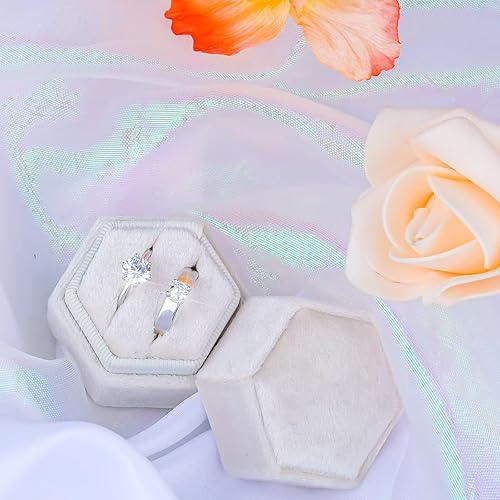 Miniatura 5 de AIEX Caja para anillos de terciopelo para joyas, doble ranuras, caja hexagonal para anillo para ceremonia de compromiso, boda, día de San Valentín,