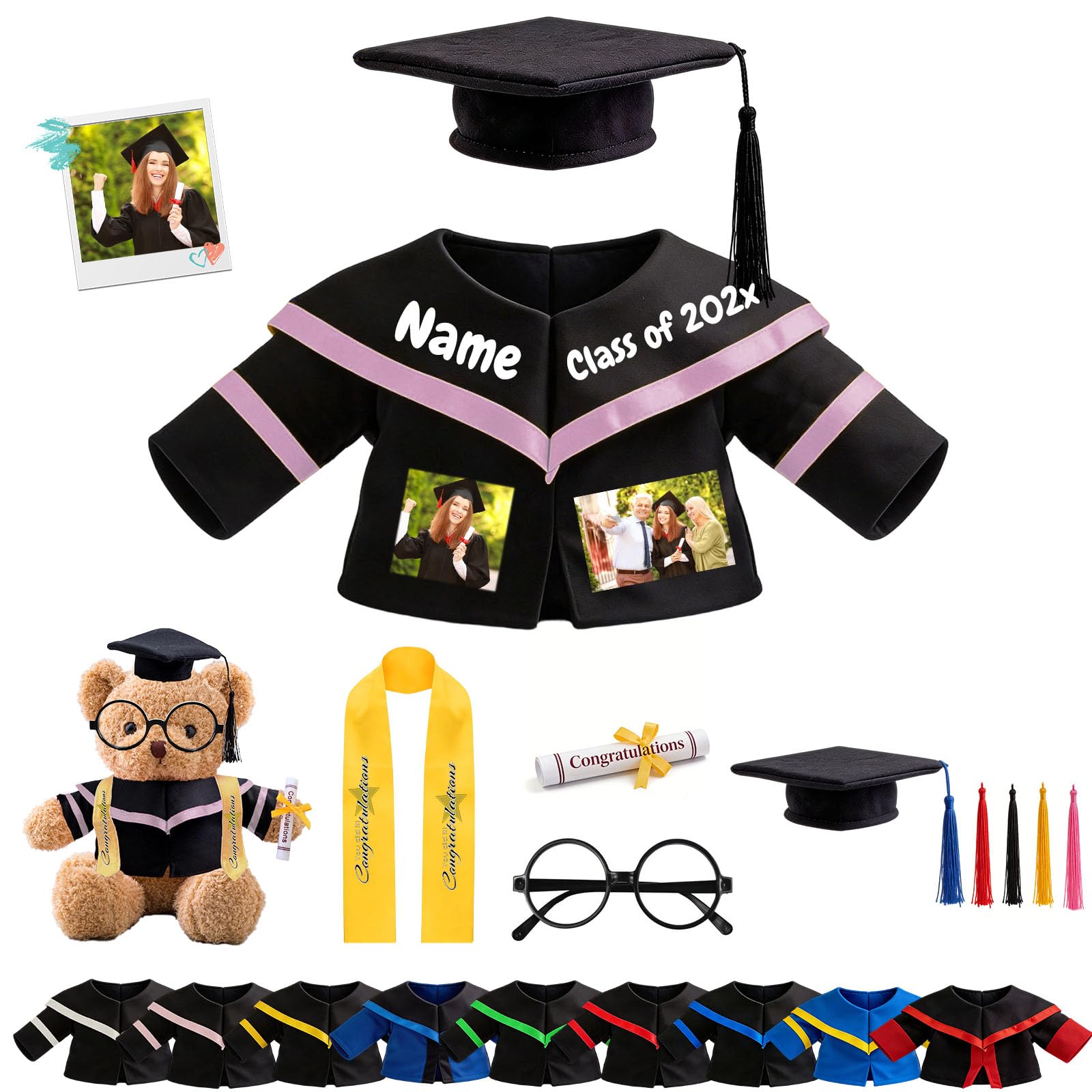 Vestiti Personalizzati Orso di Laurea con Foto Testo, Graduation Bear Clothes per Peluche 20-40cm, Regalo di Laurea Ideale per Bambino da Personalizzare