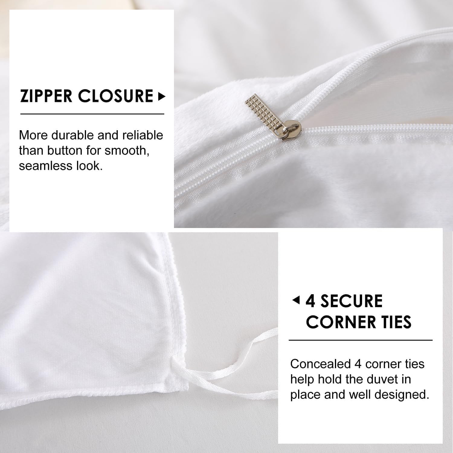 NOKOLULU Duvet Cover Queen Size: 3 Pieces Polar Fleece Velvet Bedding Set (1 Duvet Cover & 2 Pillow Shams) Soft Fuzzy Flannel Duvet Cover Set with Zipper Closure & Corner Ties, 90" x 90", White