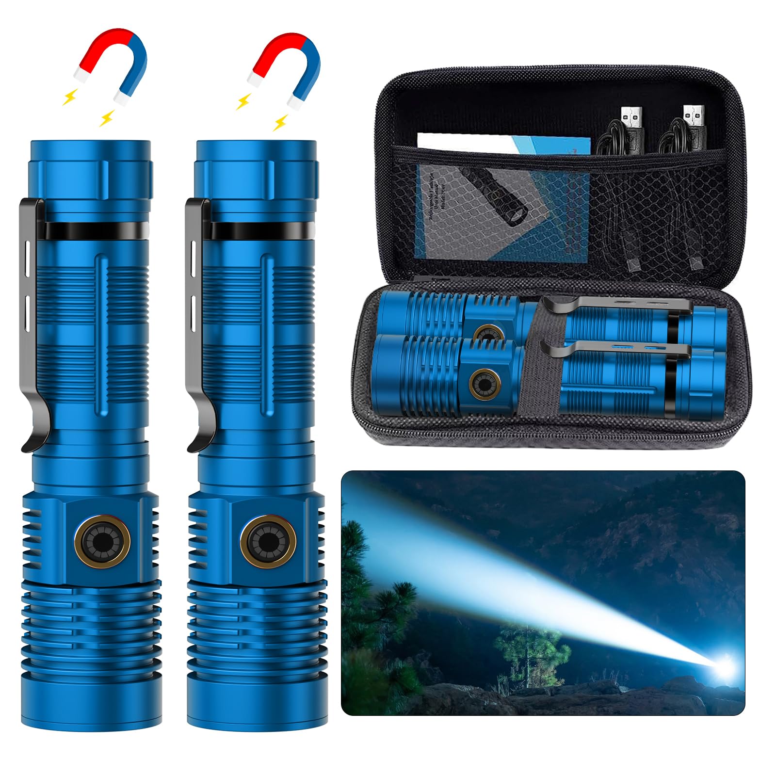 Hoxida Small Tactical Flashlights High Lumens - 1500 Meters Long Beam Super Bright LED Magnetic Flashlight USB Rechargeable Zoomable 5Modes Long Beam