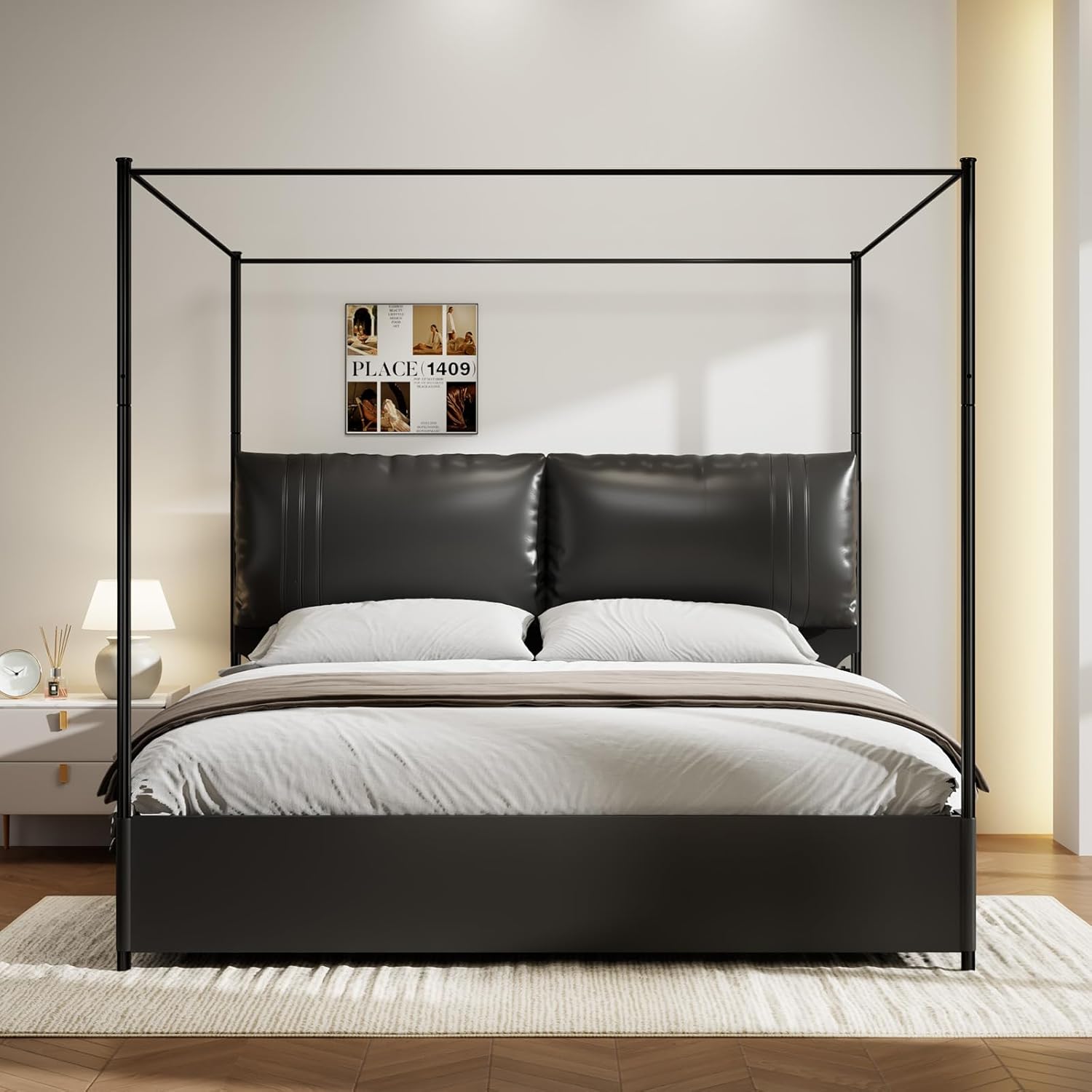 Modern Canopy Bed Frame with Upholstered Faux Leather Headboard – Tall Four Poster Metal Platform Bed, No Box Spring Needed, King Size, Black