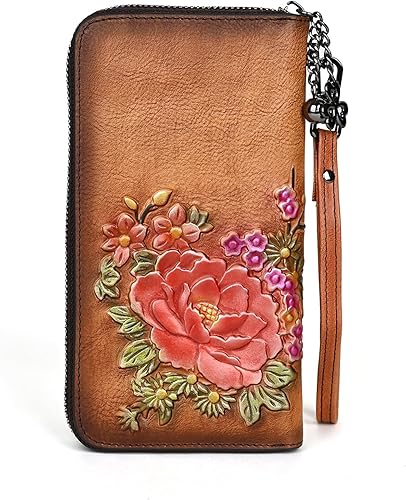 Monederos en relieve para mujer, cartera larga de cuero genuino, estilo vintage, floral, con cremallera, embrague de gran capacidad, Marrón, Estilo