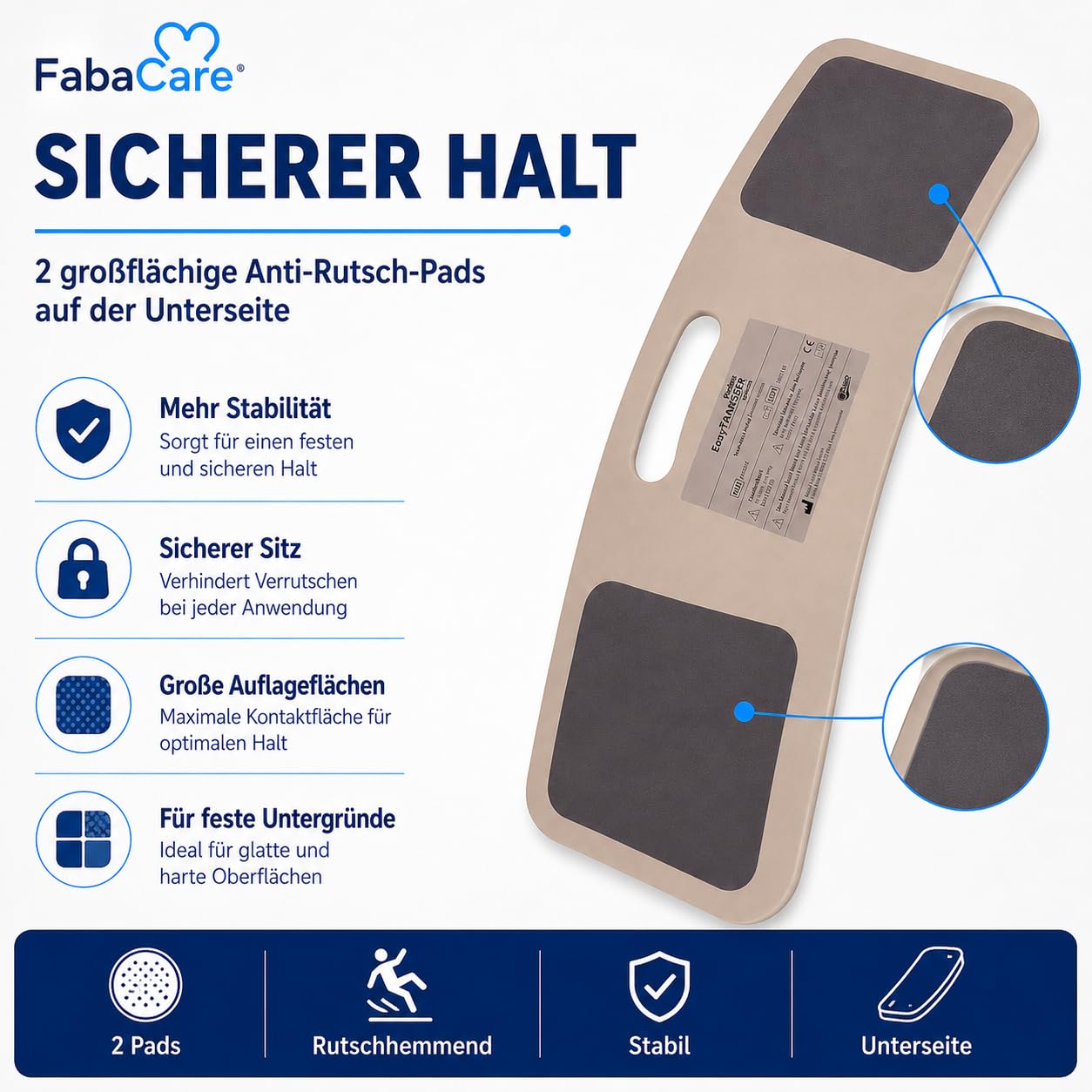 FabaCare Rutschbrett für Rollstuhlfahrer EasyTransfer wave, Rollstuhlbrett, Transferbrett, Umsetzbrett gebogen mit Griff, Transferhife vom Rollstuhl, Auto und Bett, bis 130 kg, Länge 67 cm