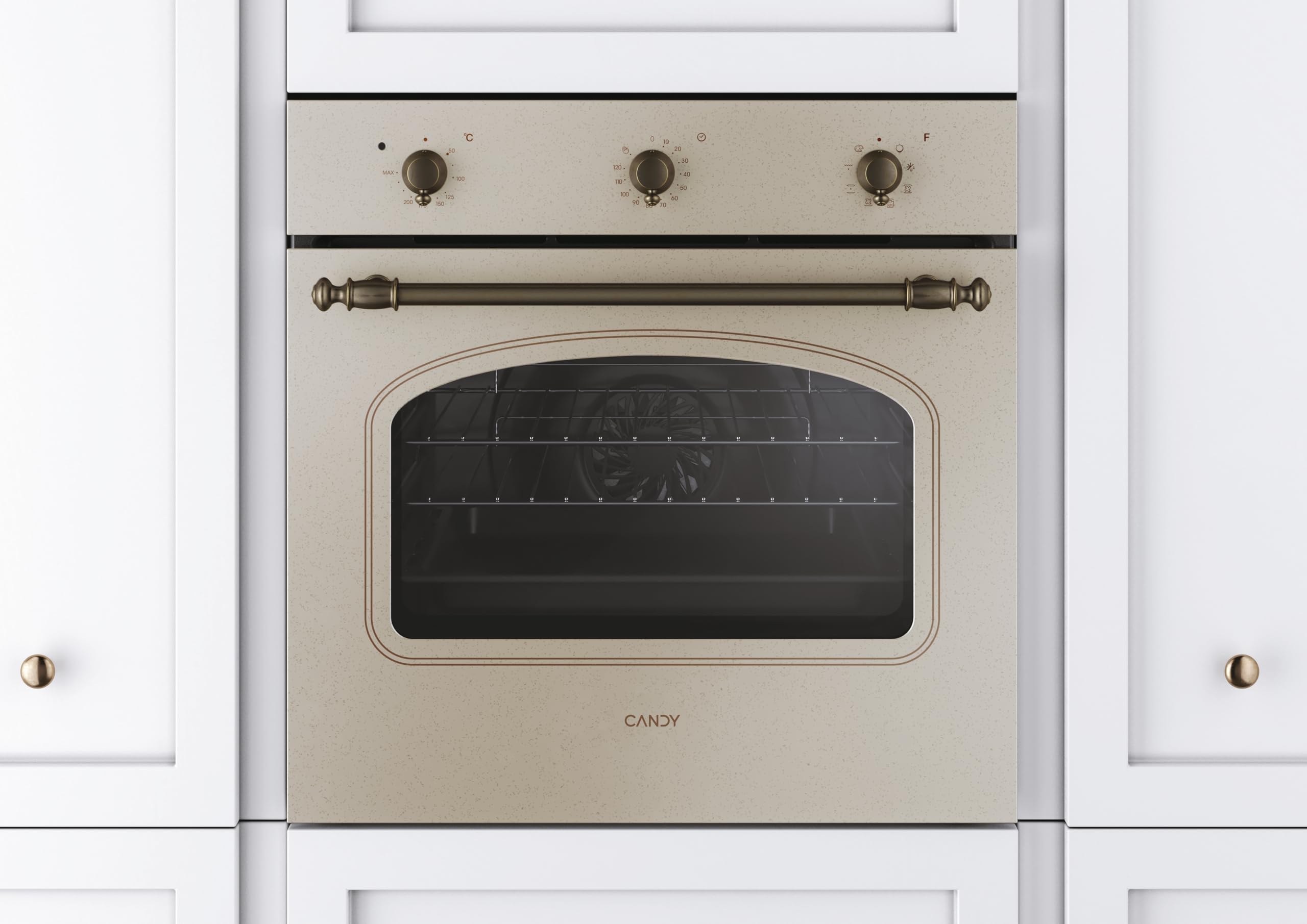 Candy Classic Forno Elettrico da Incasso Ventilato, 65 Litri, Classe A+, Funzione Pizza, 8 Programmi di Cottura con Funzione Cook Light, Design Rustico, 59,5 x 59,5 x 56,8 cm, Color Avena - FCC603NAV