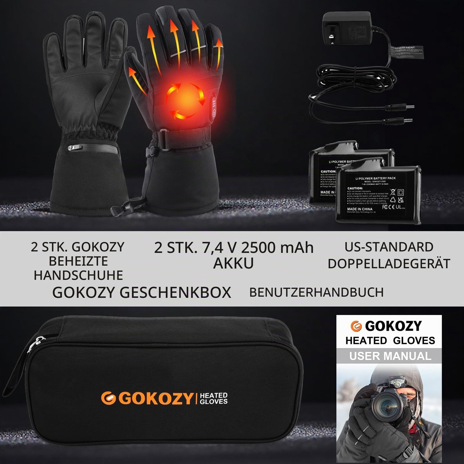 Gokozy Beheizbare Handschuhe für Herren Damen mit 5000 Akku Skihandschuhe 3 Heizstufen, Handwärmer für Wintersport & Wandern, Weihnachts- und Thanksgiving-Geschenk