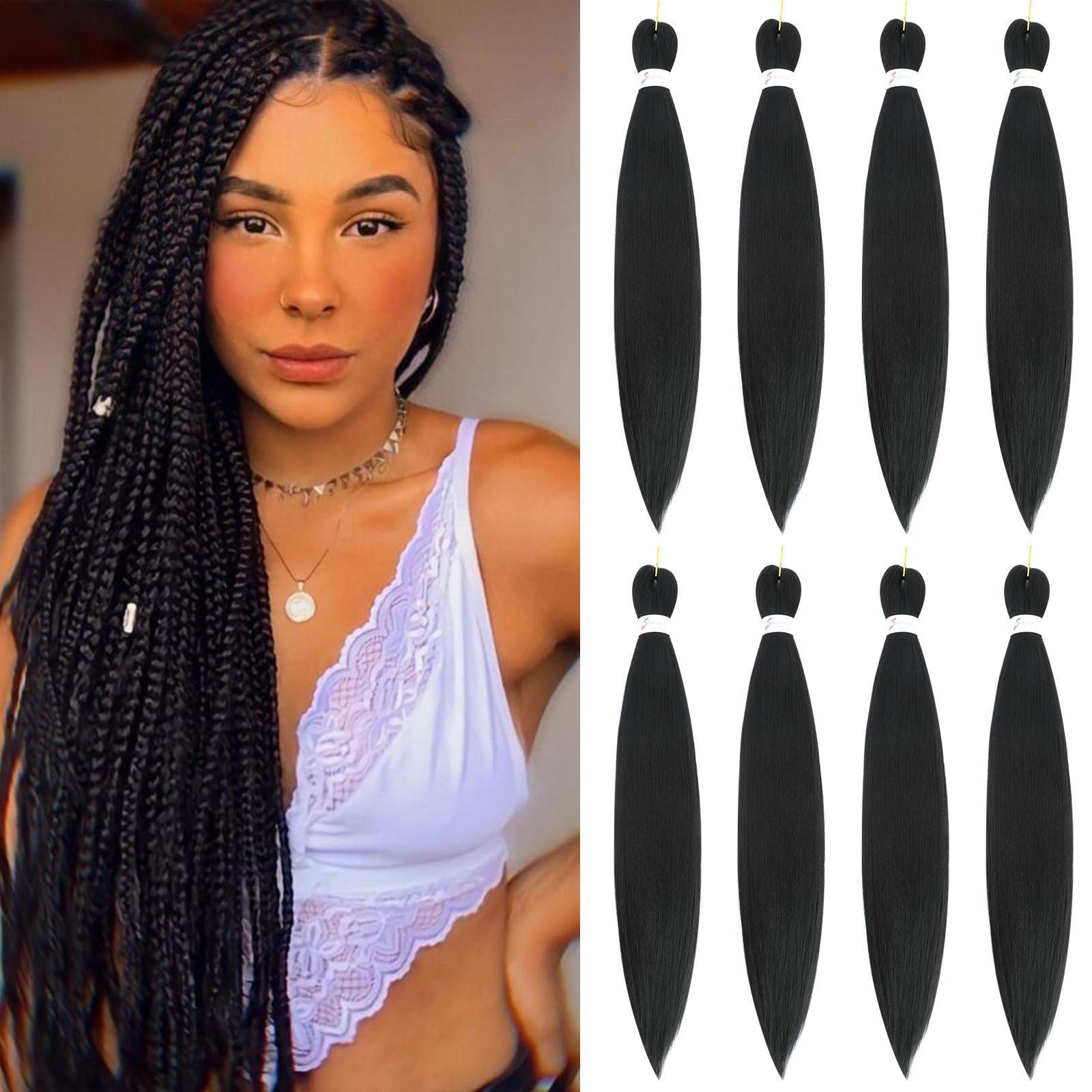 Pre Stretched Braiding Hair 30 Inch Braiding Hair Extension for Twist Or Box Braids 8 Packs Long Crochet Braids Hair Extensions Synthetic EZ Braid Hot Water Setting Soft Yaki Texture(30Inch,1B)