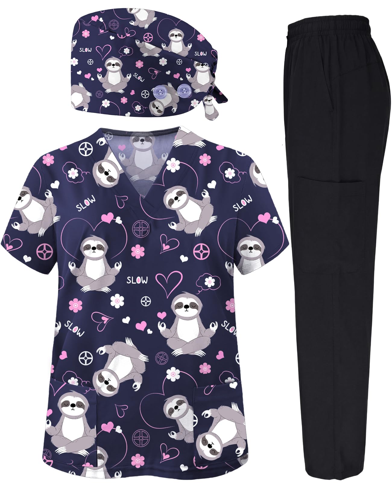VillbeCoser 3Pcs Women's Scrubs Set with Scrub Pants Caps Cute Printed V Neck Tops Soft Casual Nurse Uniform With Pocket-image-13