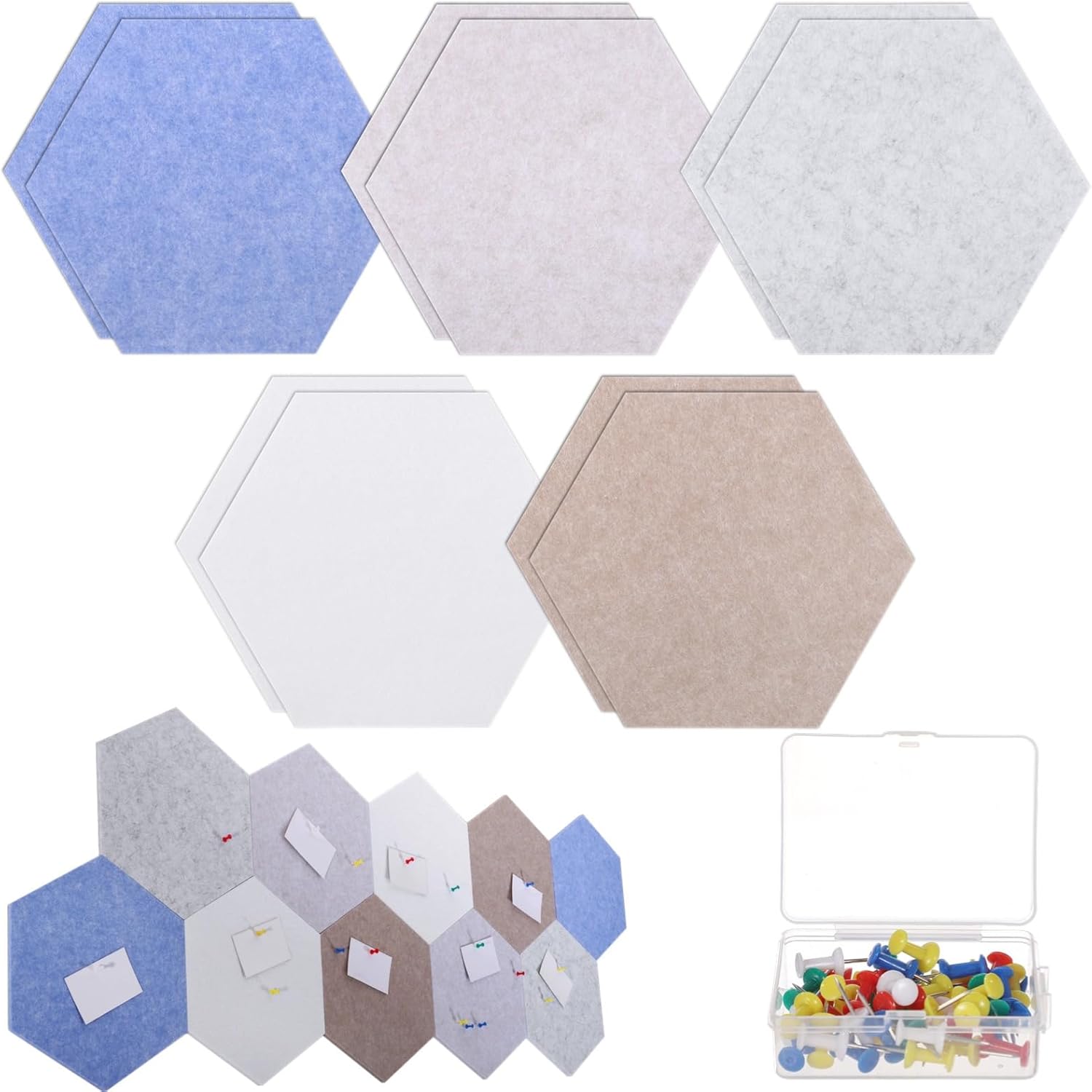 Generic 10 Piece Hexagon Cork Board Tiles, Self-Adhesive Wall Decor for Photos, Office, and Home, Includes 30 Vibrant Push Pins