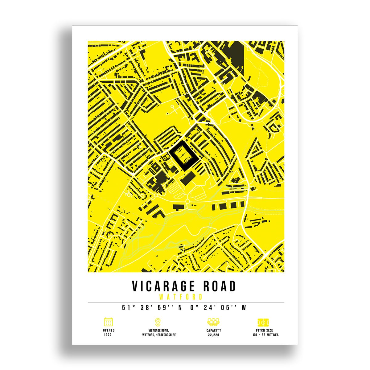 Mounted Gifts Trading A4 Poster Only Vicarage Road Stadium Map Minimalist A4/A3 Poster Photo Print Framed Gift Watford (A4 Poster Only)