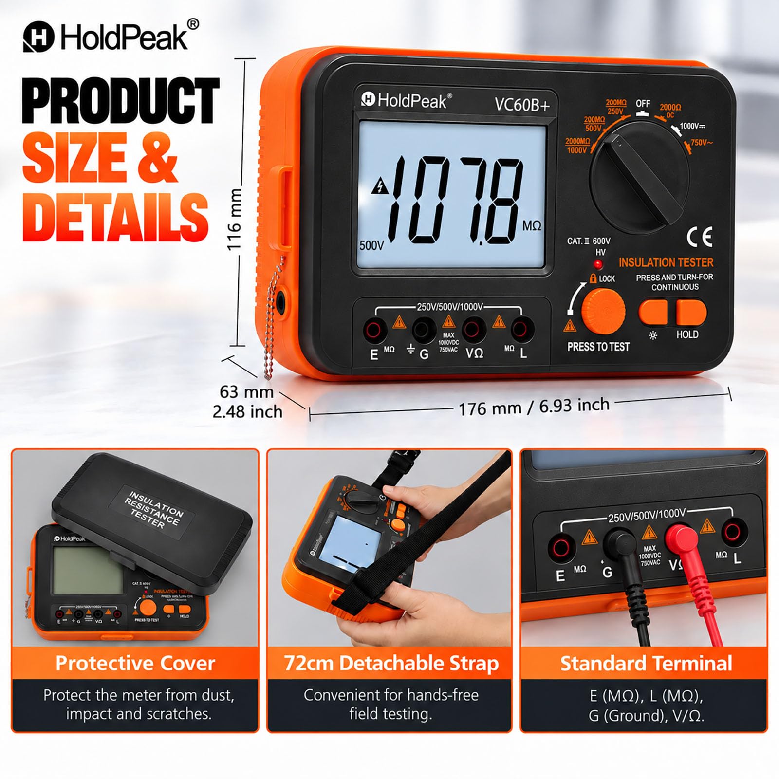 2000MΩ Insulation Resistance Tester, 250V/500V/1000V Megohmmeter — Amazon image 5