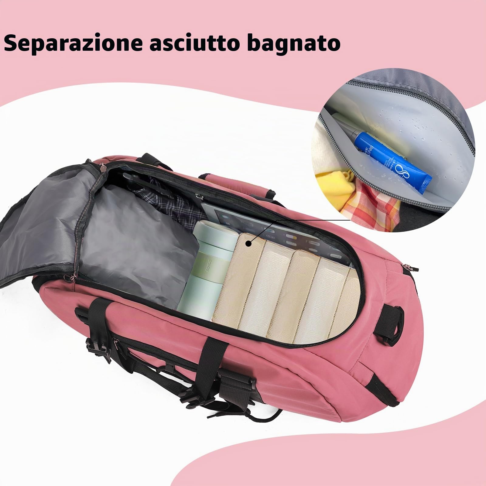 Borsone Palestra Impermeabili da 30L per Donna, con Porta Scarpe e Tasca Umida, Borse Sportive Leggere, Borsa da Viaggio Multitasca per Weekender, Adatto per Nuoto Yoga Basket, Rosa