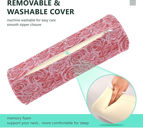 Miniatura 4 de Almohada redonda con diseño de rosas rosas rosas para sofá, almohada cervical para el cuello, almohada cilíndrica, soporte de espalda larga para