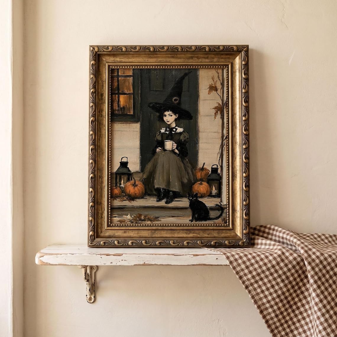 DAHUAWANG Vintage Halloween Witch Canvas Print Cute Witch Wall Art
