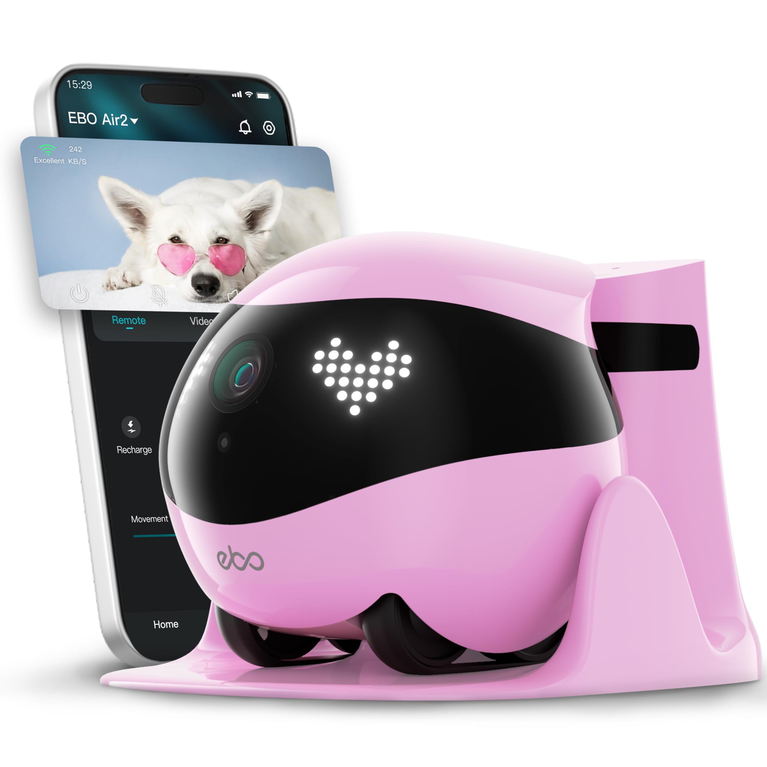 Enabot EBO Air 2 FamilyBot - Robot cámara para mascotas 2K, seguimiento de animales AI, gran angular de 137°, carga automática, almacenamiento local, para gatos y perros (rosa)