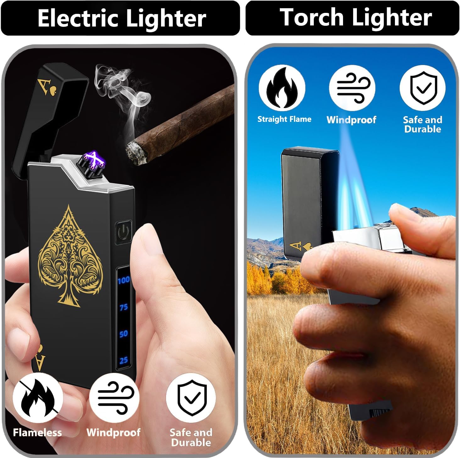 Electric Lighter - Torch Lighter, 2 Pack Ace Card, Plasma Arc Flameless Lighters, USB Rechargeable, Refillable Butane Jet Flame Windproof Cool Lighters for BBQ, Camping, Candle (Without Butane)