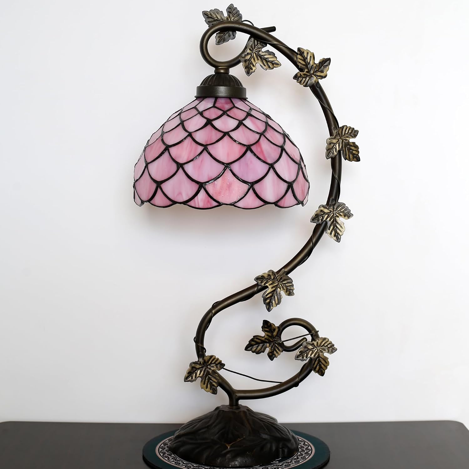 Tiffany Lamp Stained Glass Style Table Lamp 8 x 10 x 21” Pink Fishscale Bedside Reading Light with Arched Metal Leaf Base for Desk Bedroom Living Room Study