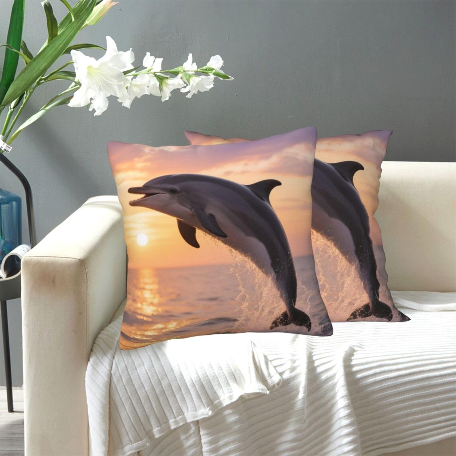 FekiLoot Decorative Throw Pillow Covers Modern Farmhouse Pillowcase Double Sided Cozy Cushion Cover for Sofa Couch Bed 18"X18" Dolphin Sunset