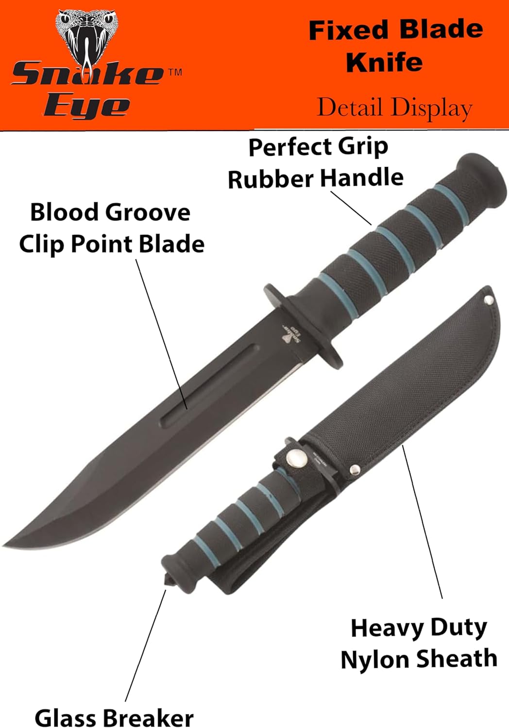 Snake Eye Tactical 12-Inches Heavy-Duty Fixed Blade-Hunting-Outdoor Survival-Knife (Black-Plain)