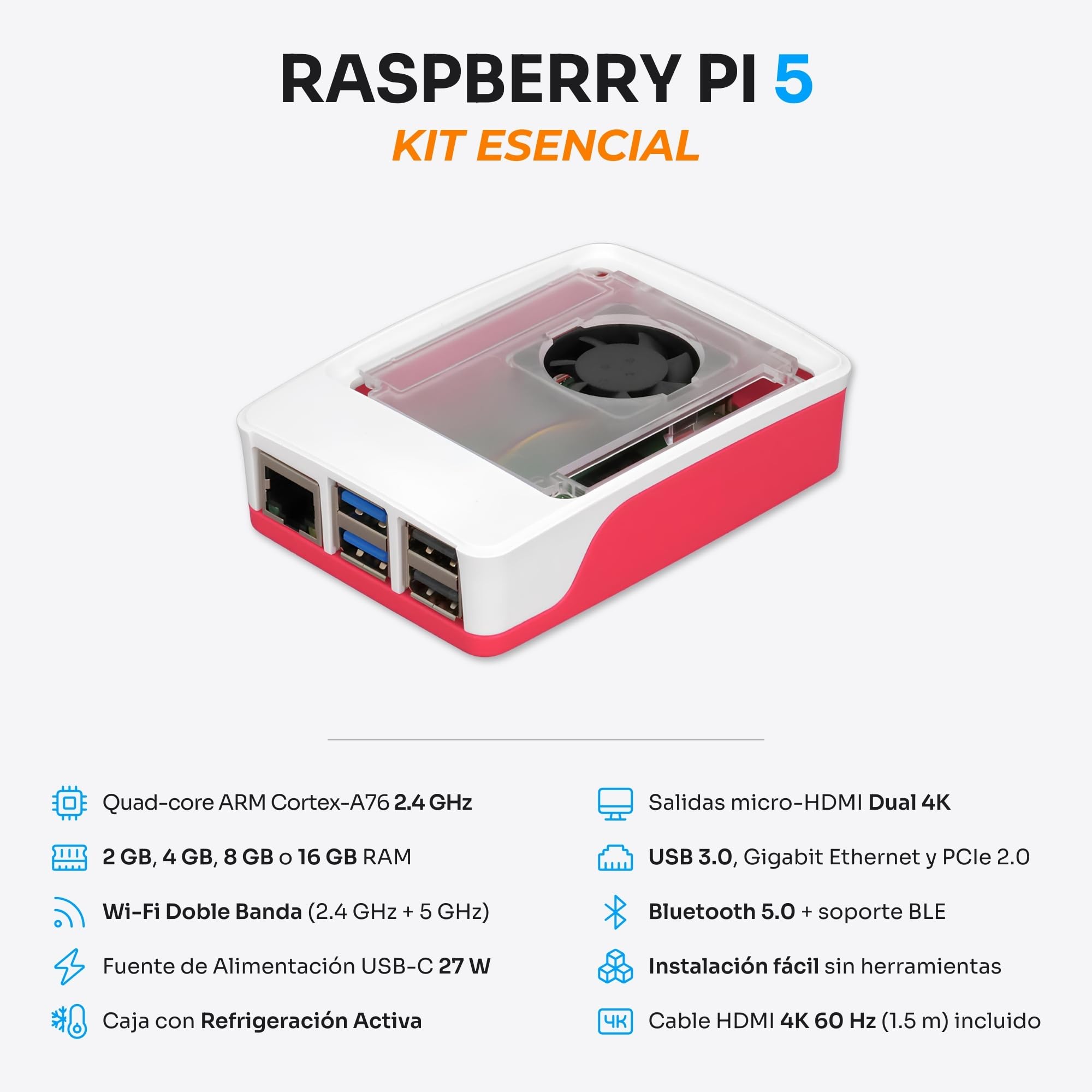Starter Kit para Raspberry Pi 5 4 GB - Edición Esencial | Fuente de Alimentación 27 W | Caja con Ventilador Integrado y Disipador de Calor | Cable Micro-HDMI 4K 60 Hz