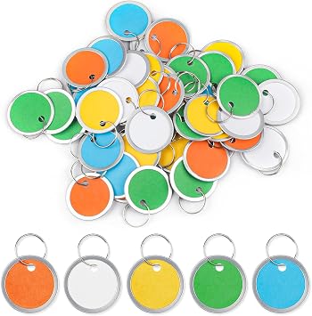 Uniclife 50 Pcs Key Tags 1 Inch Colorful Paper Labels Writable Round Plastic Key Chain Tags with Split Rings Sturdy Lightweight Item Identifiers, 5 Colors