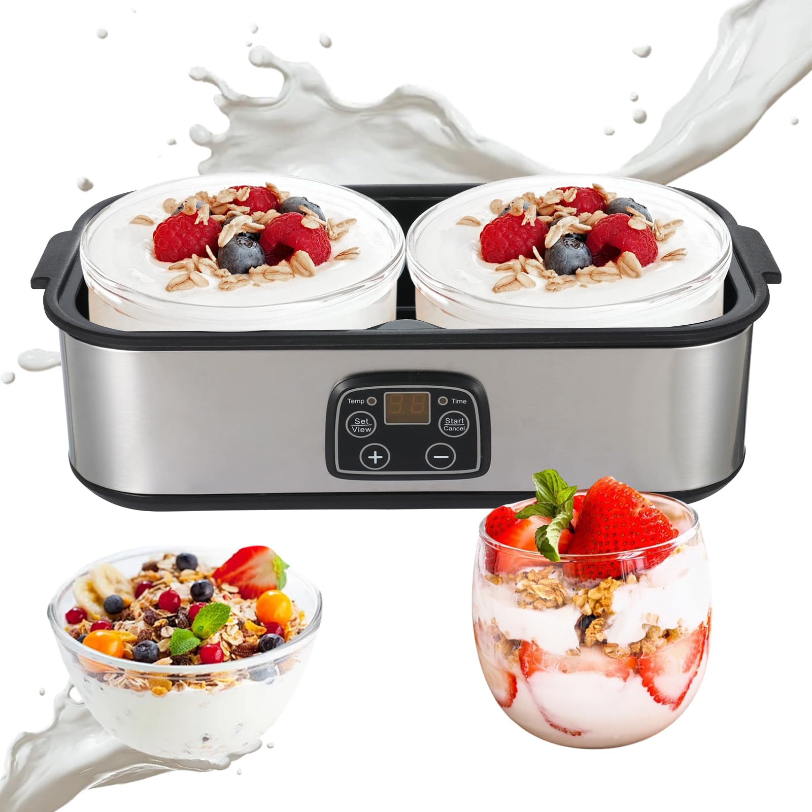 2L Joghurtbereiter,Joghurtmaschine mit 2 Gläsern,Joghurt Maker mit Temperatursteuerung und Time, multifunktionaler automatischer griechischer Joghurtbereiter, (EU -Stecker 220 V)