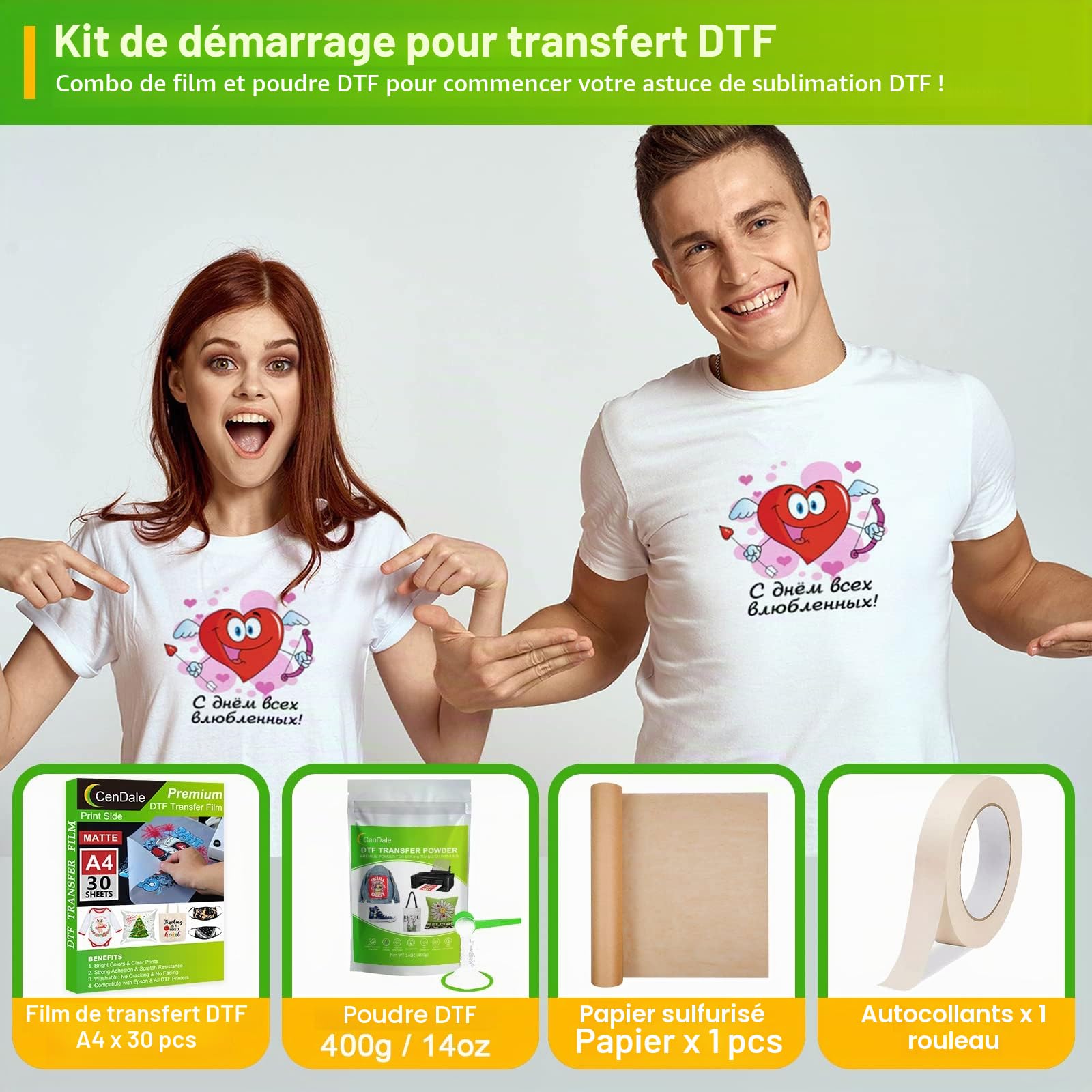 CenDale DTF Kit de film de transfert et poudre – 30 feuilles de film PET A4 et adhésif numérique blanc thermofusible pour tous tissus et couleurs, kit de démarrage DTF pour imprimante DTF et