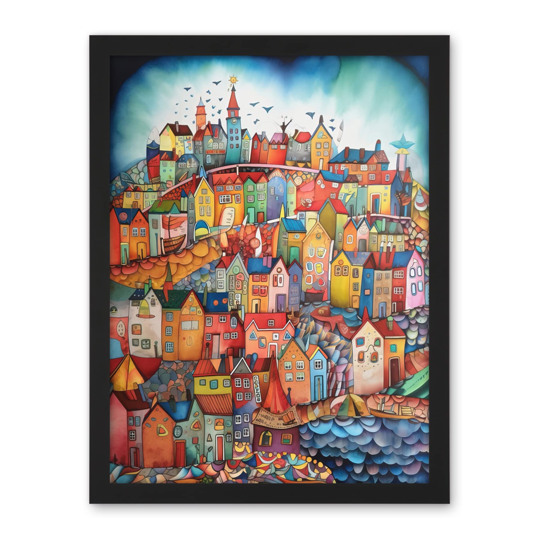Artery8 Abstract Fishing Village Folk Art Artwork Framed Wall Art Print 18X24 Inch