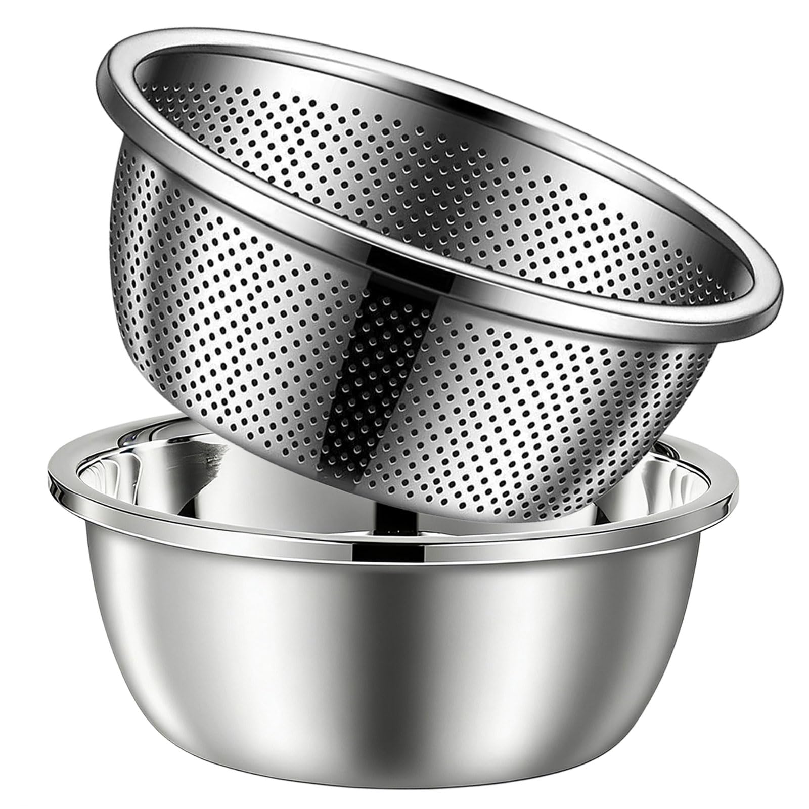 304 Stainless Steel Colander,Rice Colander Mixing Bowl Set,Food Safe Rice Drainer & Wash Basin,Deep Nesting 10.2 x 10.2 x 4.3 inch Multifunctional Kitchen Strainer for Washing, Draining, & Prep