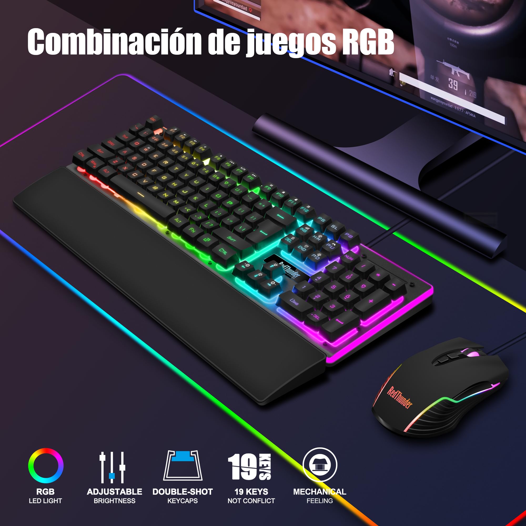 RedThunder K10 Juego 3 en 1 de Teclado, Ratón y Reposamuñecas de Cuero, Retroiluminación RGB + Tacto Mecánico, Teclas Anti-Ghosting + Ratón 7D 7200DPI, Layout Español, Compatible con PC/PS5/Xbox Negro