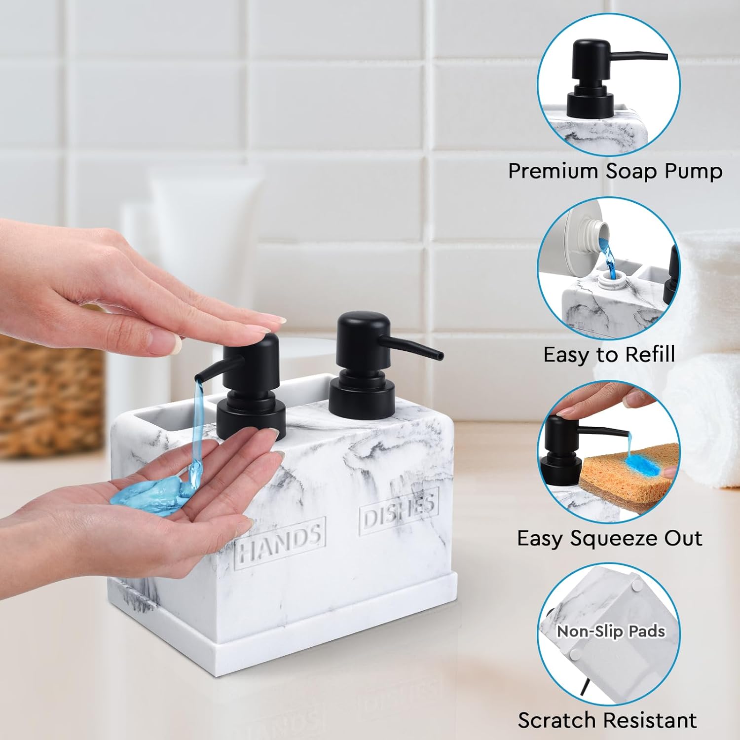 Kitchen Soap Dispenser Set,with Liquid Hand and Dish Soap,Sponge Holder and Brush Holder 4-in-1 Dual Soap Dispenser Set for Kitchen Sink, Bathroom - Artificial White Marble Look
