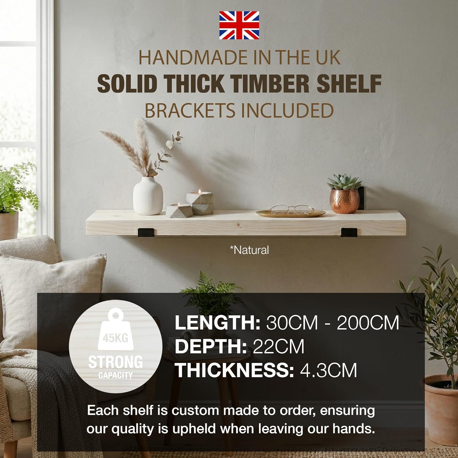 Top Notch Home & Living Handcrafted Rustic Wooden Wall Shelf, Incl 2 Up Brackets - Image 2