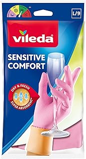 Vileda Sensitive Gloves Reusable L, Natural Latex, Protective, Touch-Sensitive, Comfortable Fit, Good Fit, Pink, Large Size (1 Pair Per Pack)