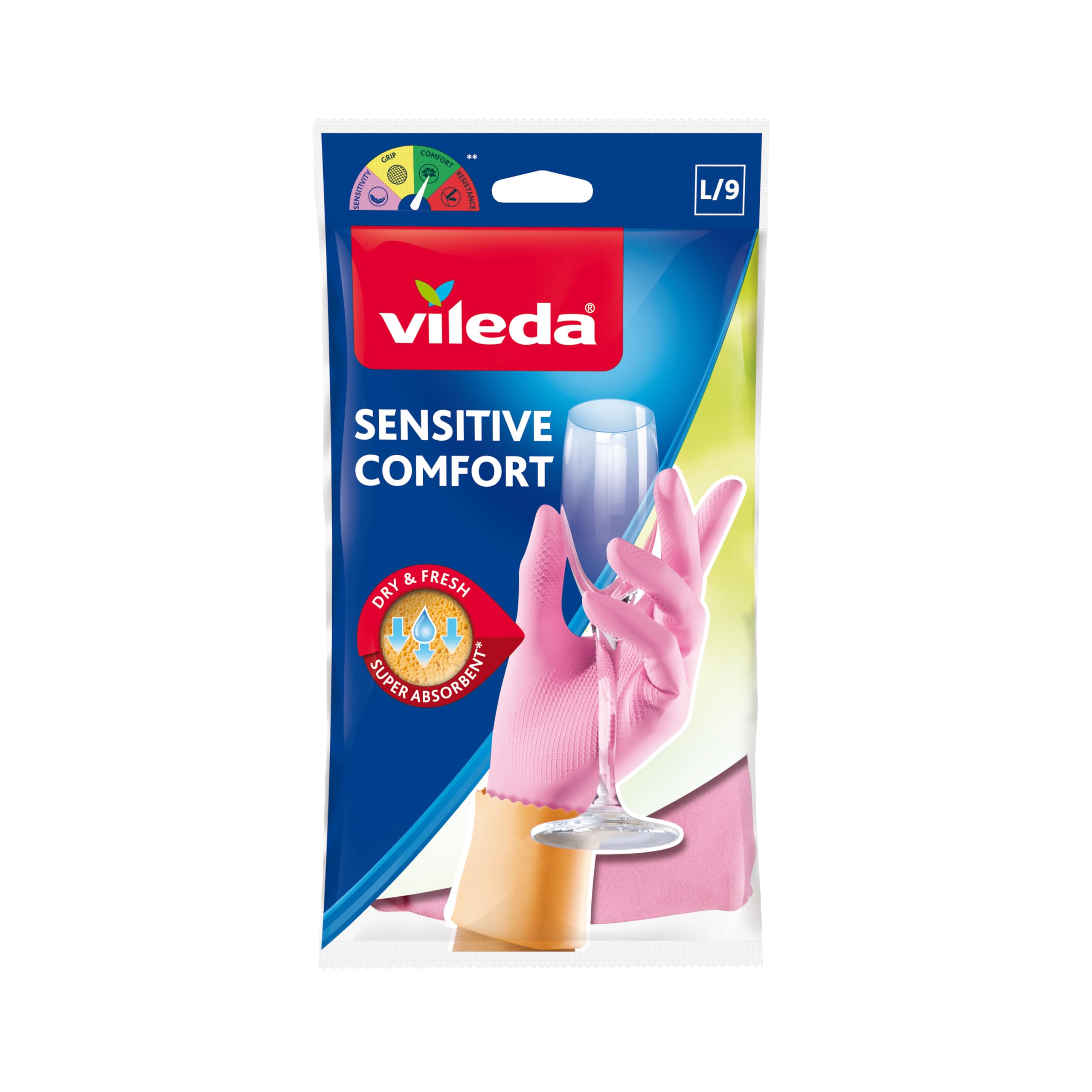 Vileda Sensitive Gloves Reusable L, Natural Latex, Protective, Touch-Sensitive, Comfortable Fit, Good Fit, Pink, Large Size (1 Pair Per Pack)