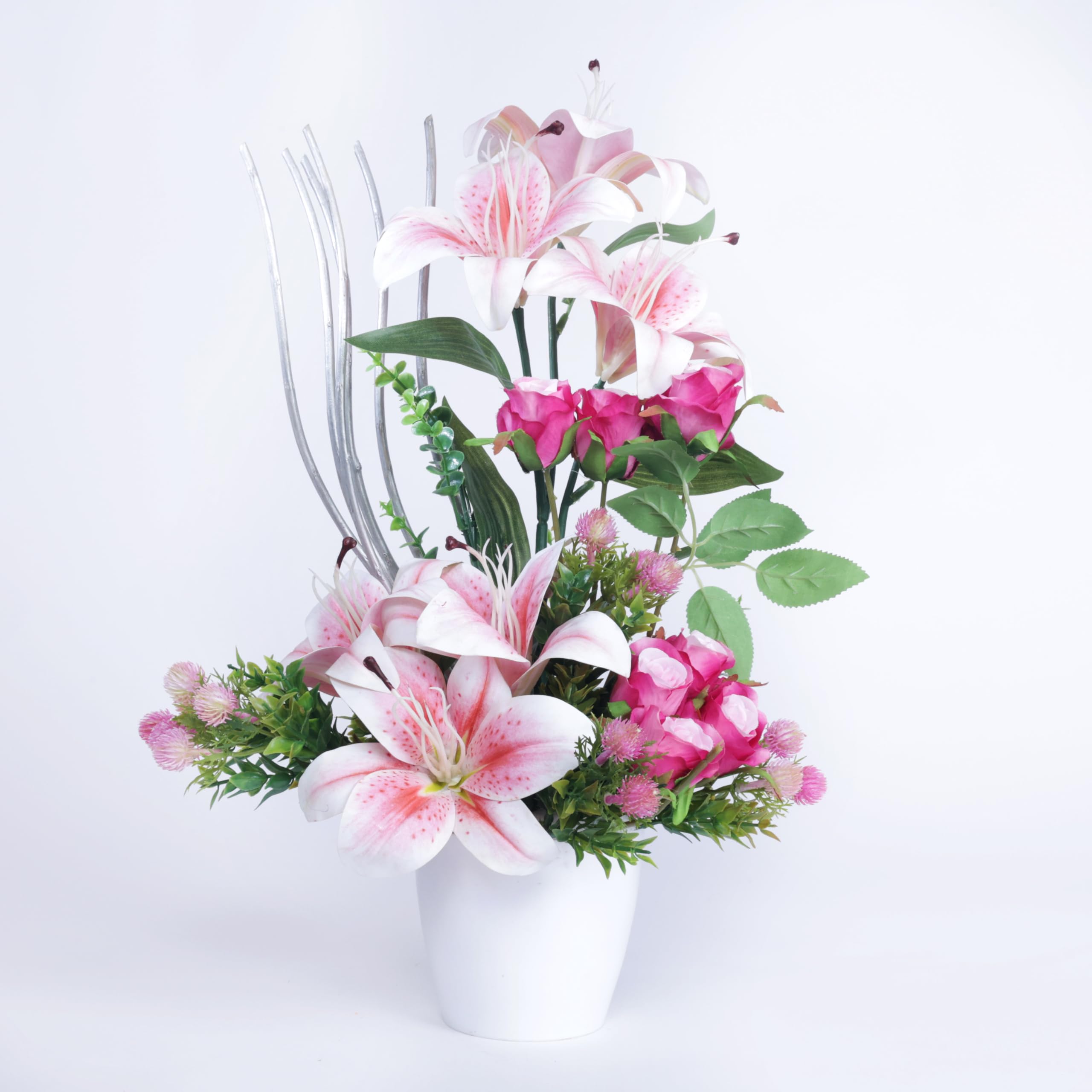 At Fleurs Artificial Plastic Flowers For Home Flora Decor, Room & Event Decoration Showpiece Centre Table Flower Pots With Lifelike Lilies And Delicate Pink Roses