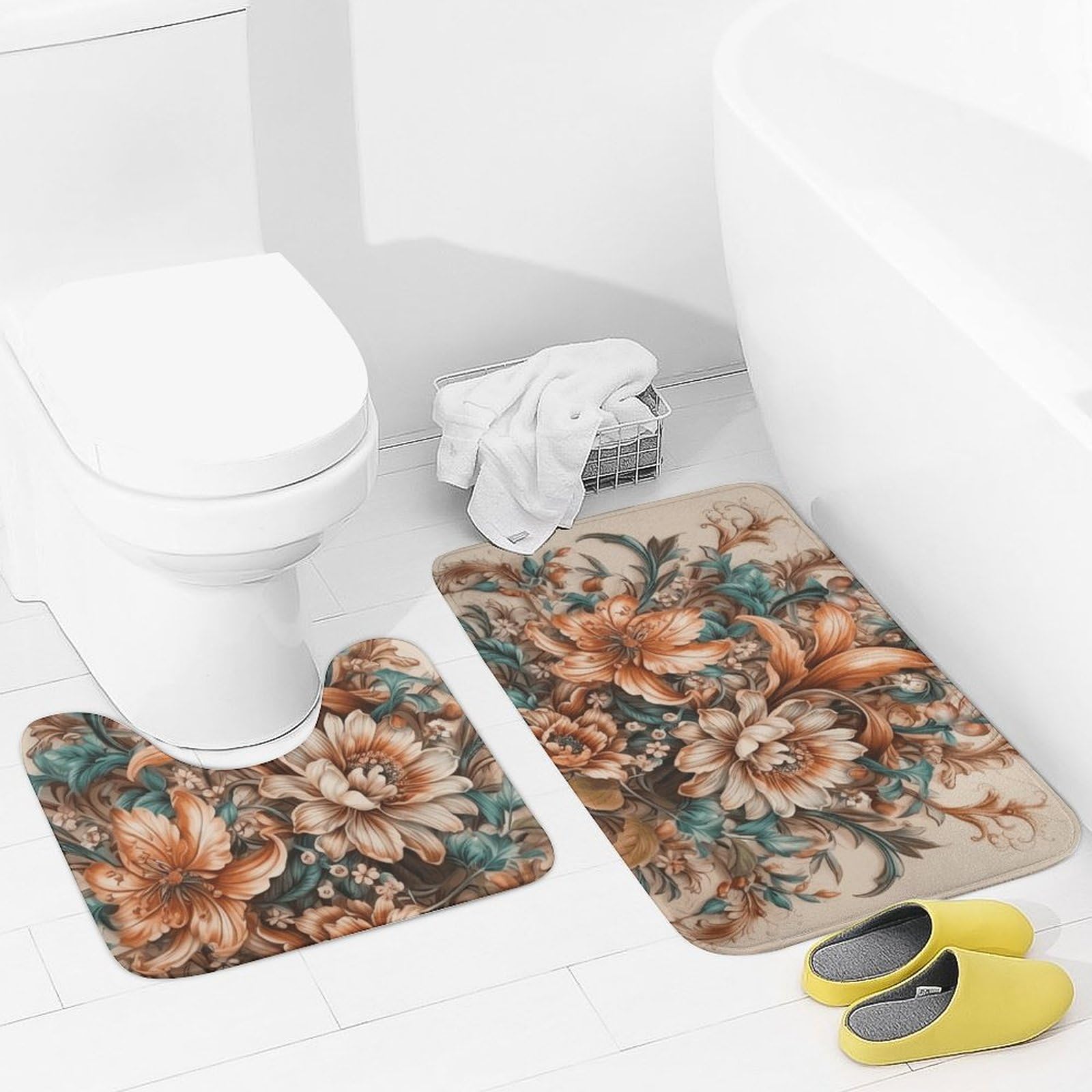 Tapis de salle de bain absorbant au motif floral rétro avec envers antidérapant