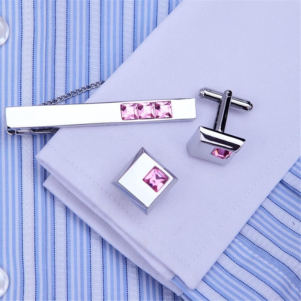 Jewelry Cuff Links Necktie Clip Tie Pin For Mens Pink Crystal Bars Cufflinks Set Guests