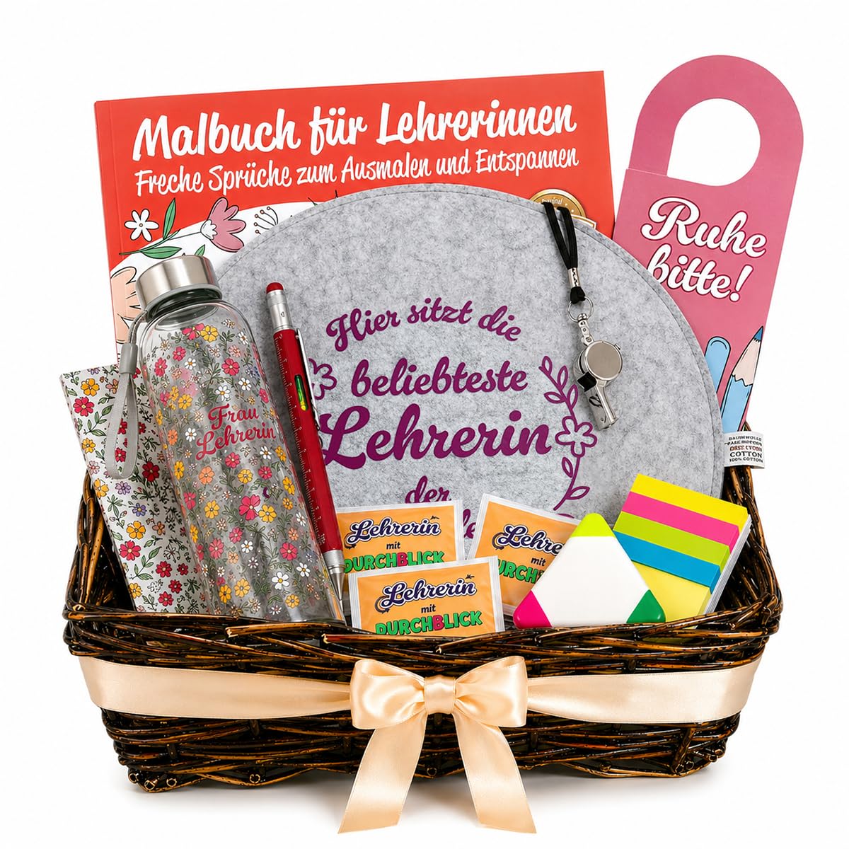 Geschenk für Lehrerin, Geschenkorb Lehrerinnen zum Abschied, Klassenwechsel, Danke, Schuljahresende, Großer Präsentkorb mit Sitzkissen & Trinkflasche, Klasse Präsent zum Verschenken Lieblingslehrerin