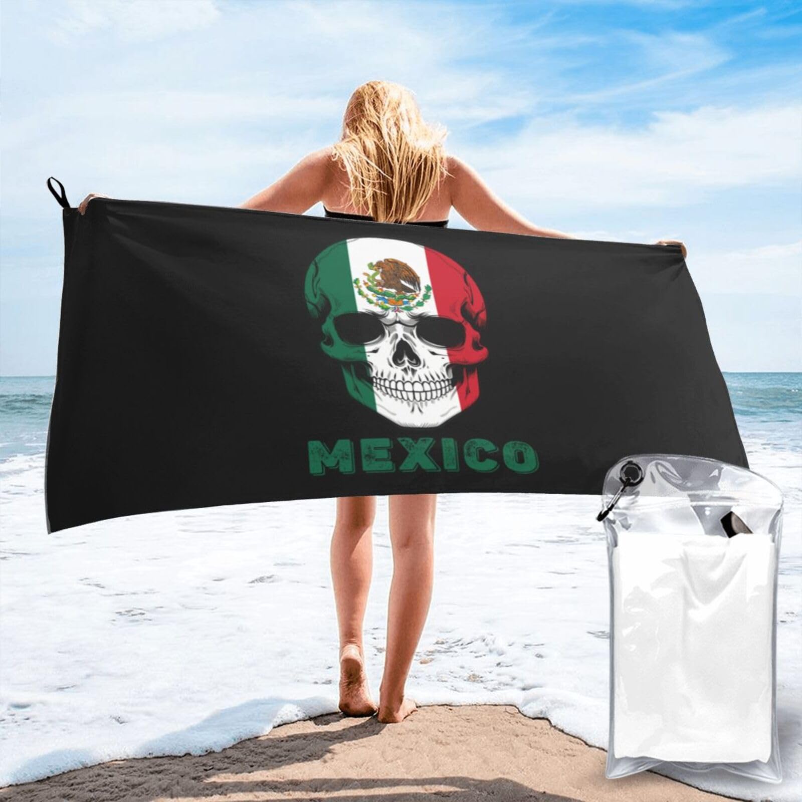 HACXZ Skull Mexico Flag Lightweight Absorbent Beach Towel Microfiber Beach Towel 31.5"X63"