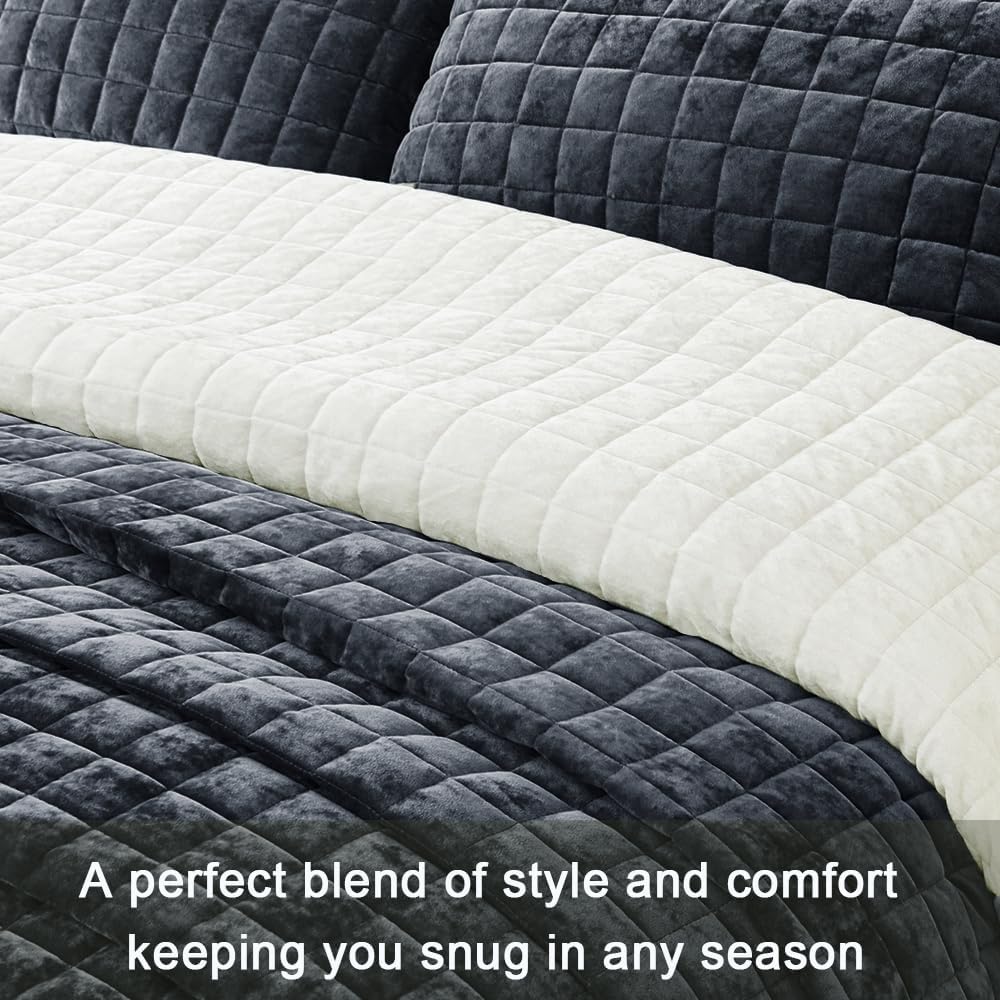 Luxurious Velvet Quilt California King Size Set 106" x118" Ultra Soft Bedding Set Quilted Bedspread Coverlet with 2 Matching Pillow Shams for All Seasons,Blue Gray - Image 6