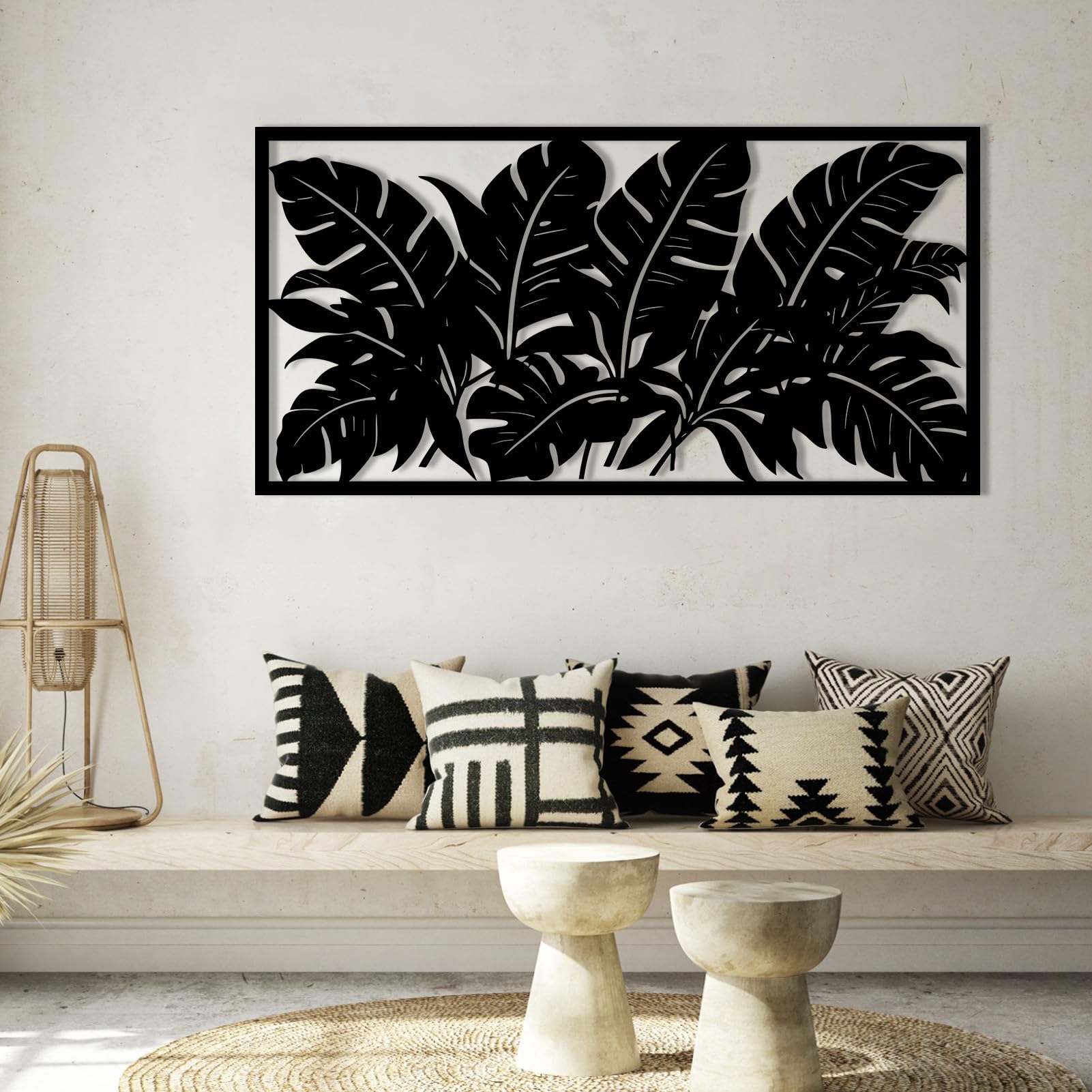Schwarze Metall-Wandkunst mit Palmenblättern, Tropische Metall-Wandkunst, Blattkunstwerk, Moderne Skulptur für Wohnzimmer, Schlafzimmer, Flur, Heimdekoration (Weiß, 53" x 27" / 135 x 69 cm)