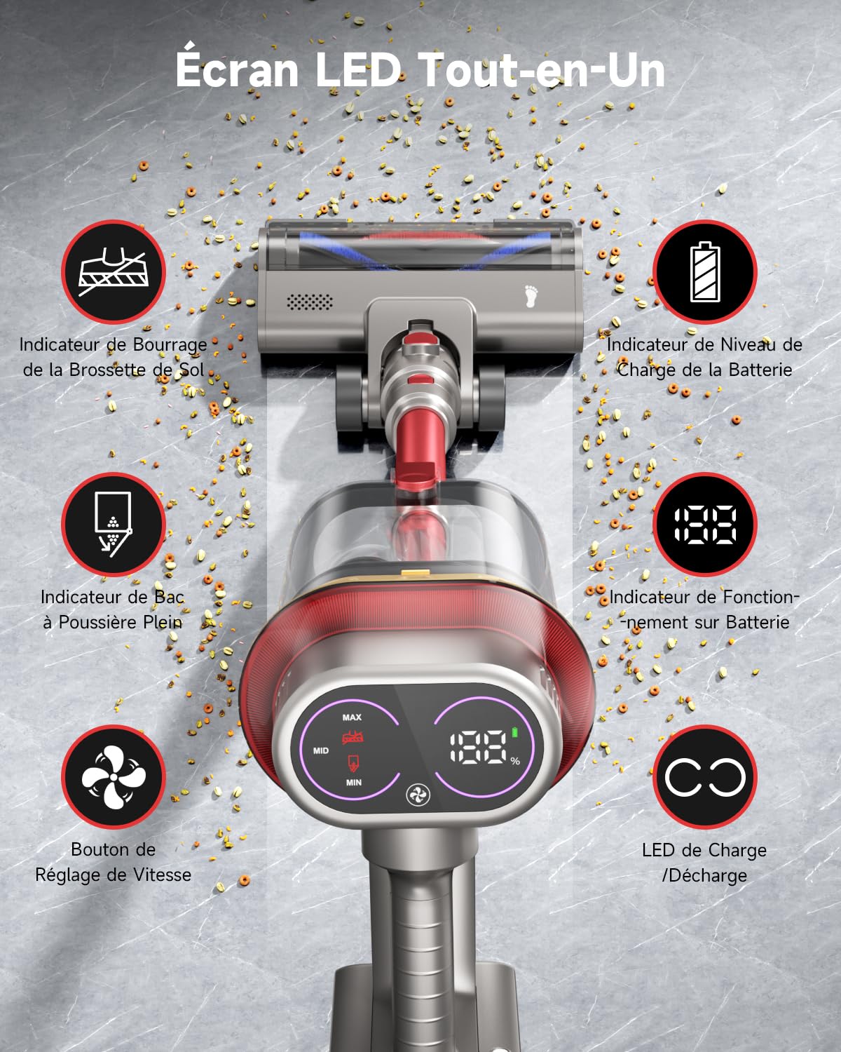 55KPA/650W Aspirateur Balai sans Fil, 75 Minutes Autonomie Aspirateur sans Fil Puissant avec Recharge Murale Écran Intelligent, aspirateur Balai Puissant pour Les Poils d'animaux/Tapis/Sols Durs