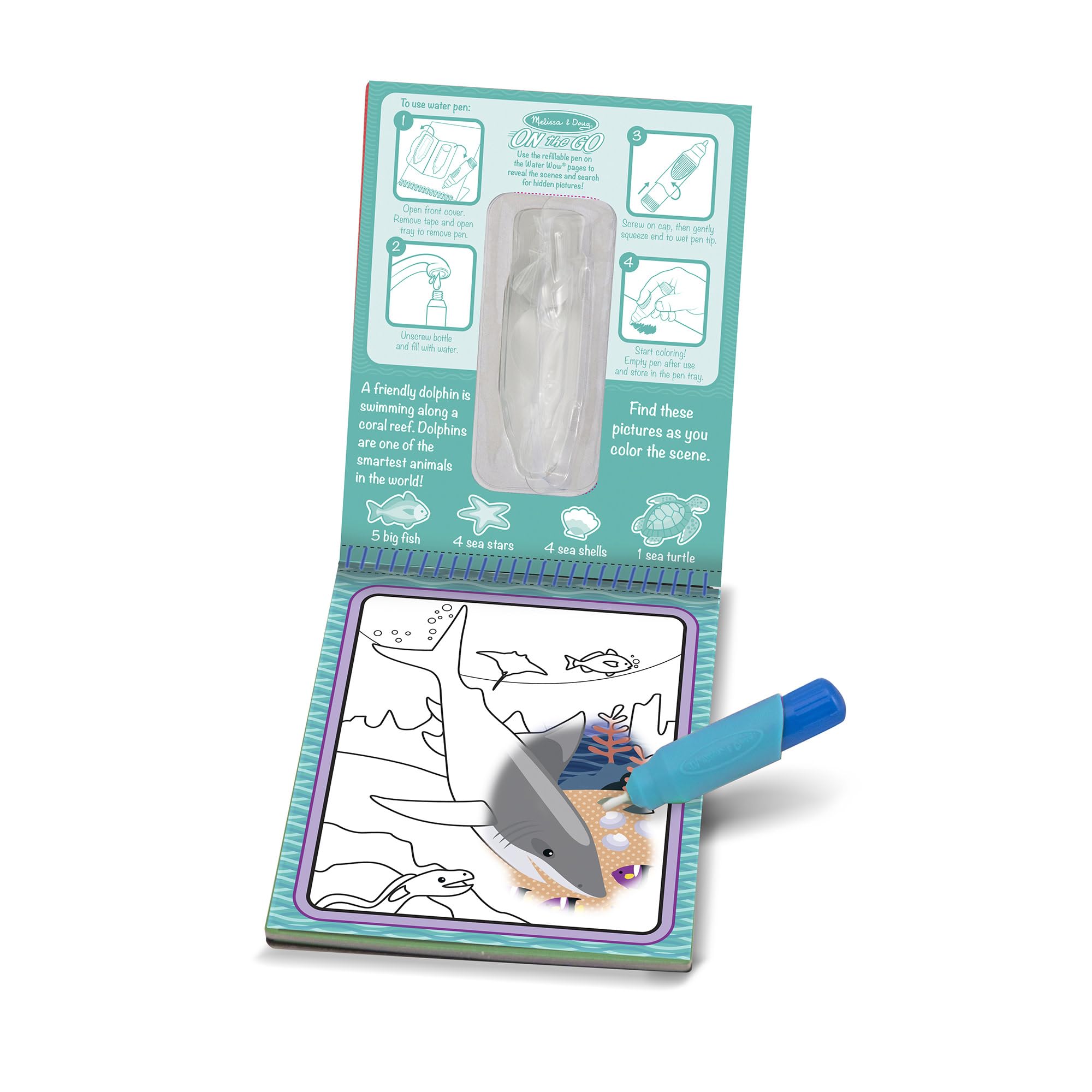 Melissa & Doug - Water Wow! Mundo Submarino: Tablero y Bolígrafo de Agua Reutilizables, 4 Páginas Reutilizables para Pintar con Agua - Manualidades Niños - Regalo Niño 3 años + - Certificados FSC