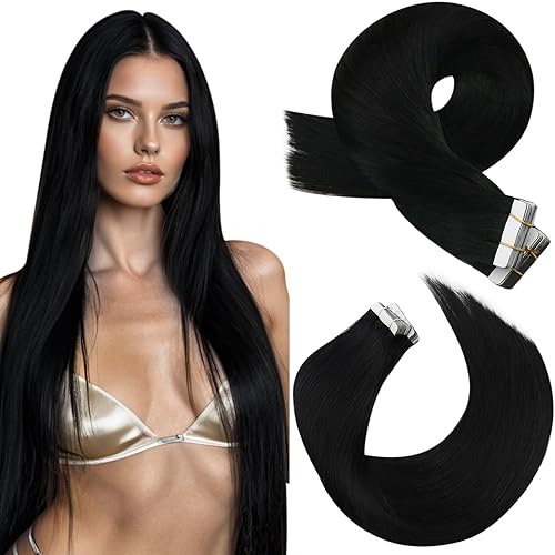 Moresoo - Extensiones de cabello humano negro con cinta de 14 pulgadas, cinta de poliuretano invisible #1, color negro azabache con cinta sin